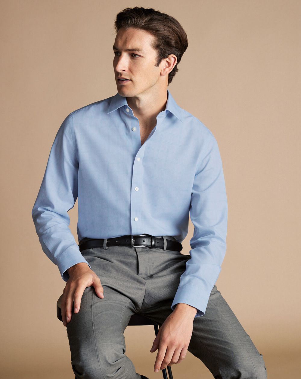 Light Blue Charles Tyrwhitt Non-Iron Prince Of Wales Poplin Shirt | BGVCTF-045