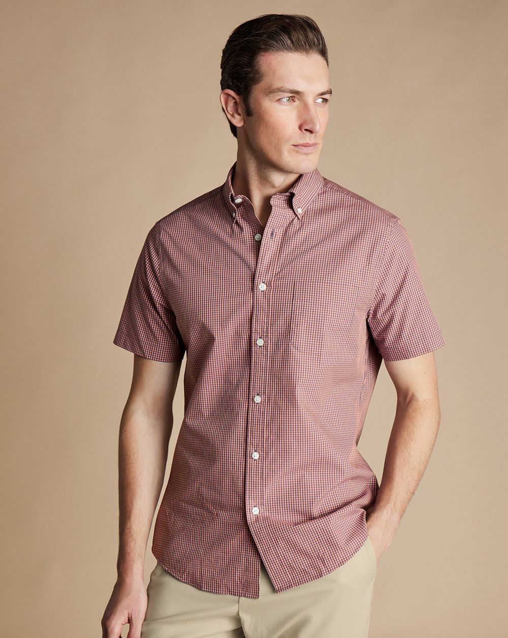 Light Pink Charles Tyrwhitt Non-Iron Stretch Poplin Short Sleeve Shirt | AYBLJG-580