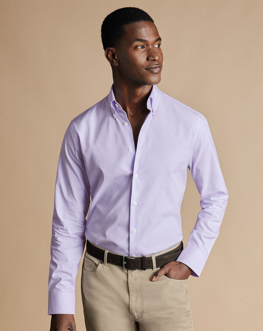 Lilac Purple Charles Tyrwhitt Button-Down Collar Non-Iron Stripe Oxford Shirt | YLXBEZ-421