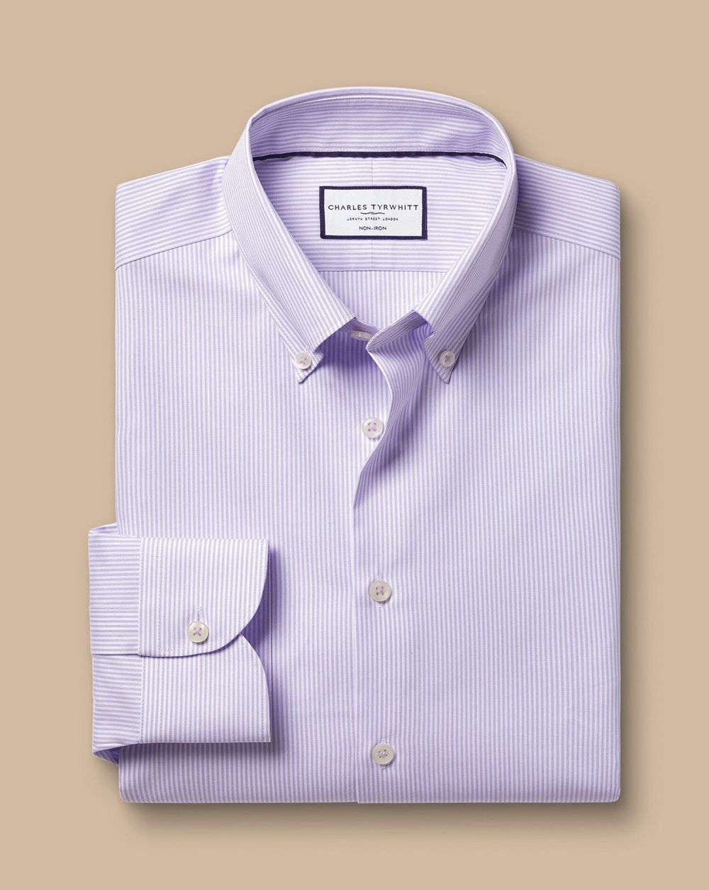 Lilac Purple Charles Tyrwhitt Button-Down Collar Non-Iron Stripe Oxford Shirt | YLXBEZ-421