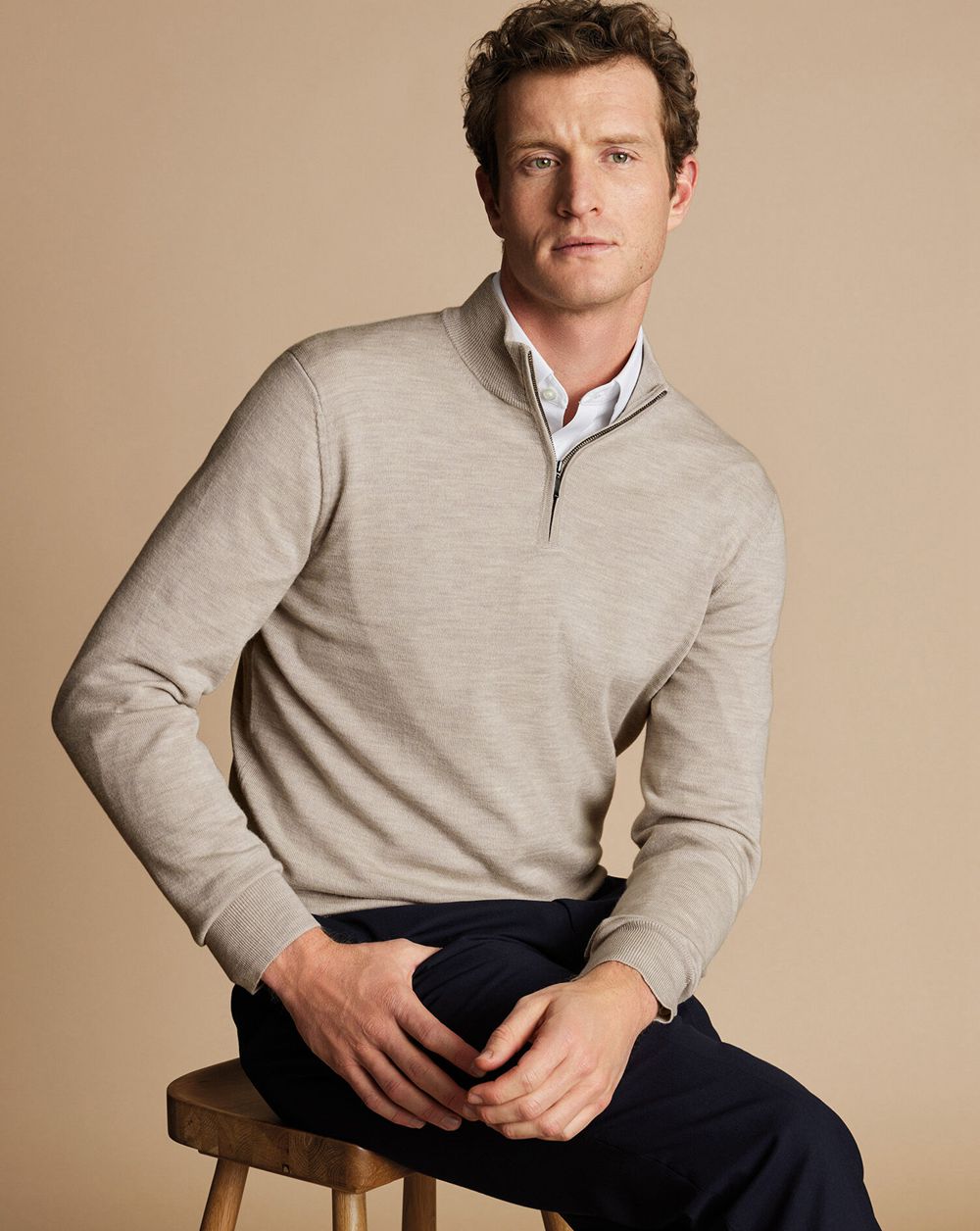 Limestone Charles Tyrwhitt Merino Quarter Zip Sweater | JHQSDX-605