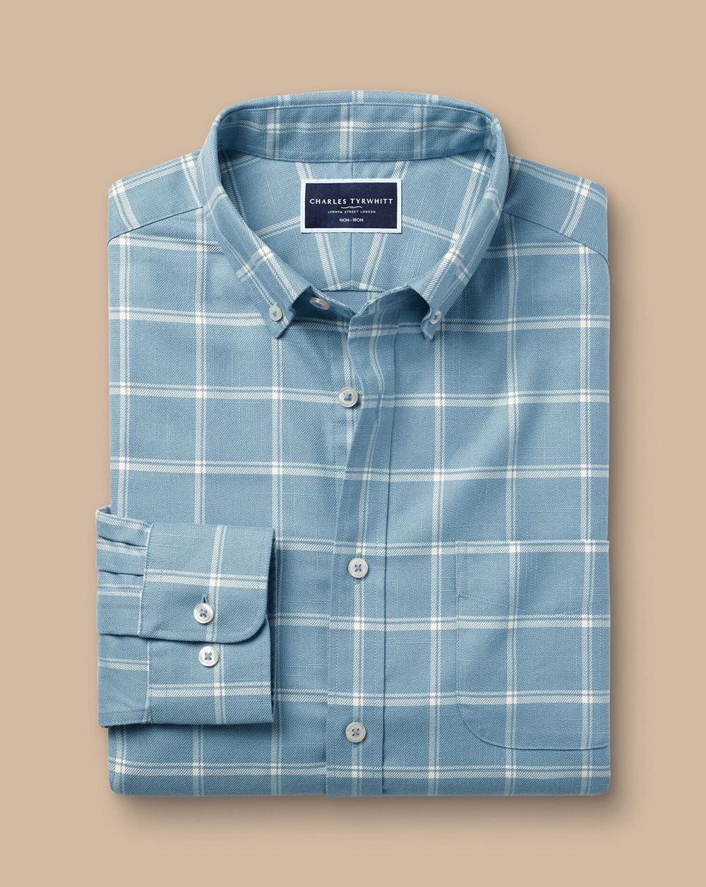 Mid Blue Charles Tyrwhitt Button-Down Collar Non-Iron Twill Windowpane Check Shirt | HVSUNP-135