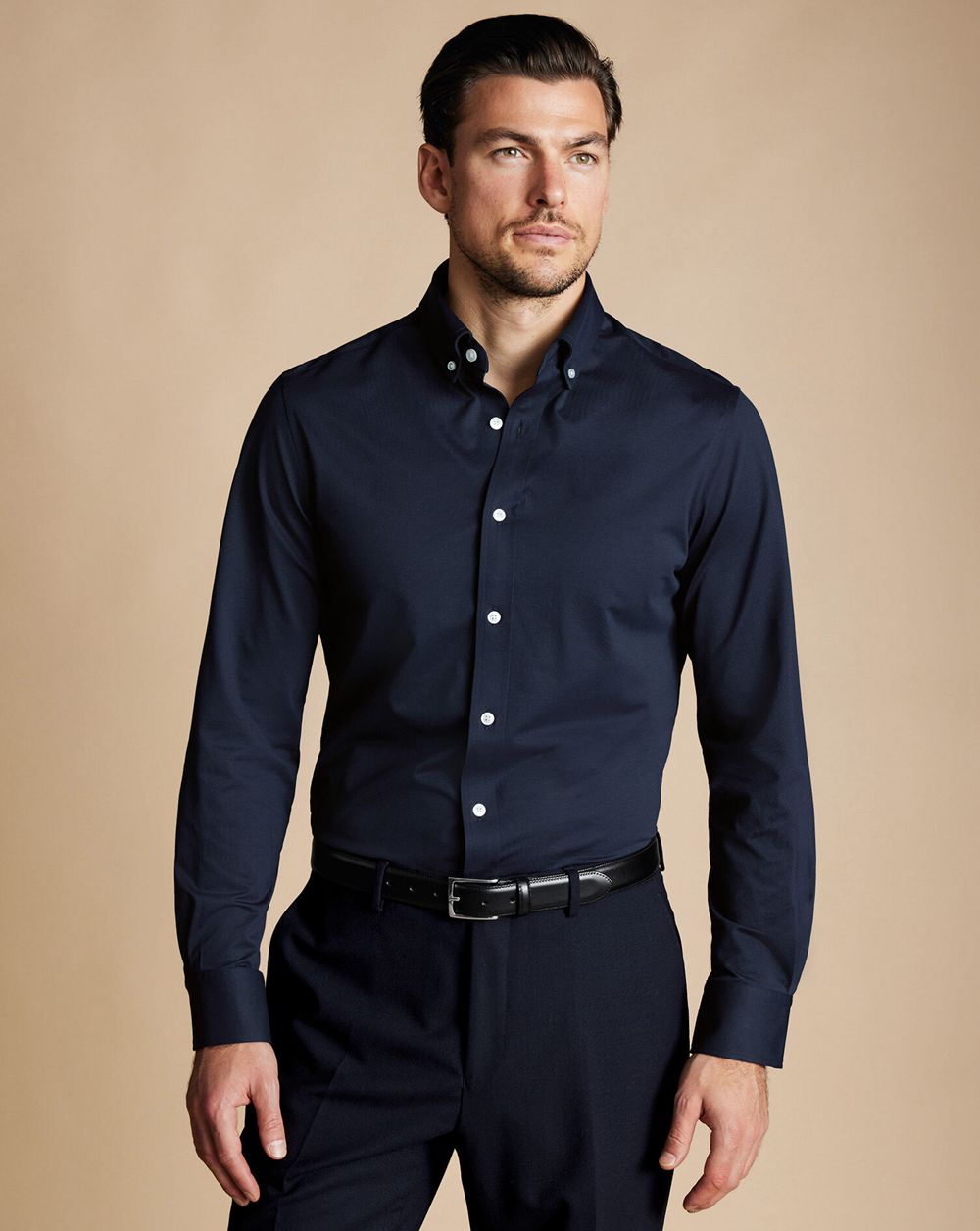 Navy Charles Tyrwhitt 4-Way Stretch Jersey Shirt | JAXHRT-035