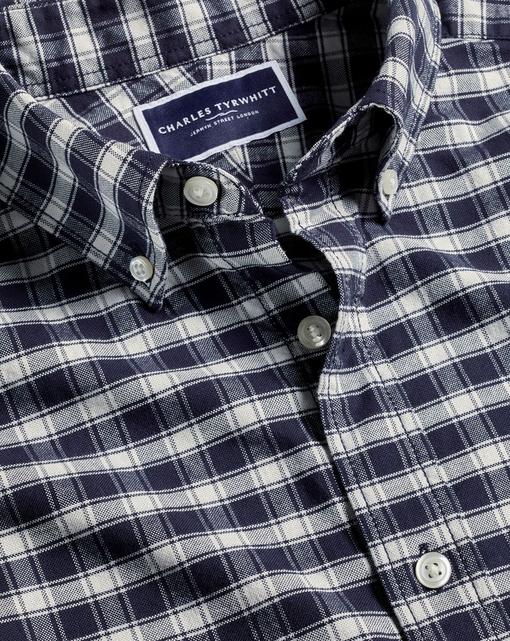 Navy Charles Tyrwhitt Button-Down Collar Brushed Washed Oxford Grid Check Shirt | LBAHZS-243