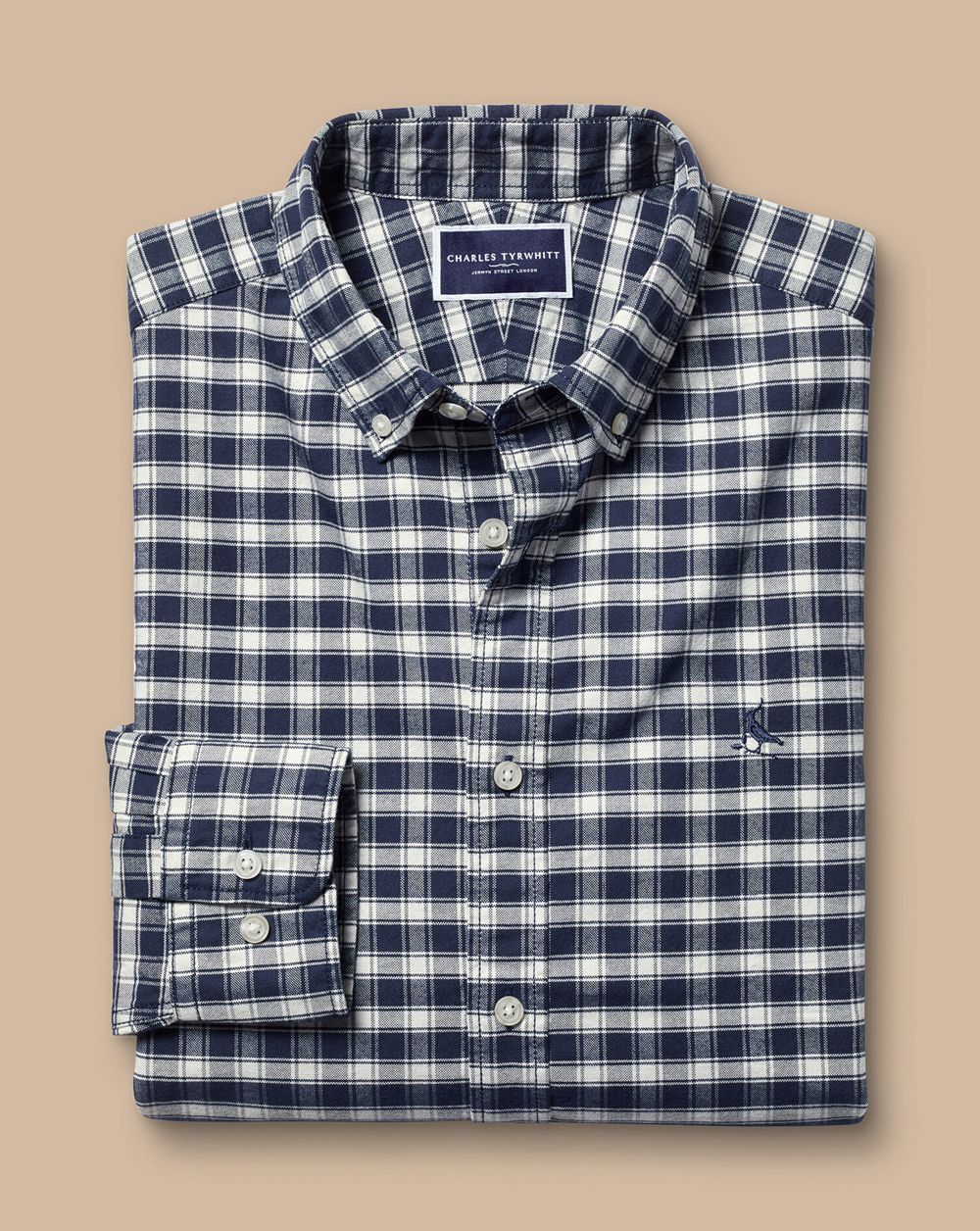 Navy Charles Tyrwhitt Button-Down Collar Brushed Washed Oxford Grid Check Shirt | LBAHZS-243