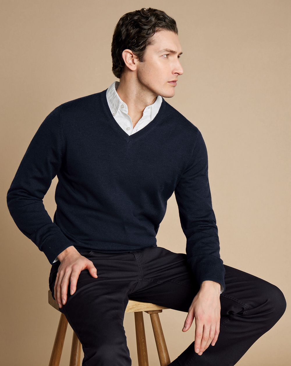 Navy Charles Tyrwhitt Merino V-Neck Sweater | VYOPCL-145