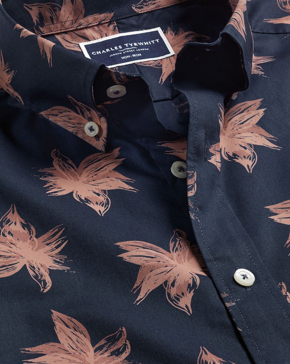 Navy Charles Tyrwhitt Non-Iron Large Floral Print Short Sleeve Shirt | TNMFUB-356