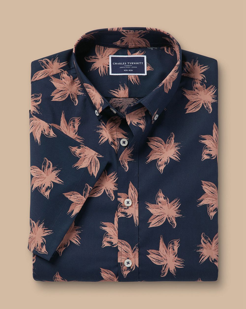 Navy Charles Tyrwhitt Non-Iron Large Floral Print Short Sleeve Shirt | TNMFUB-356