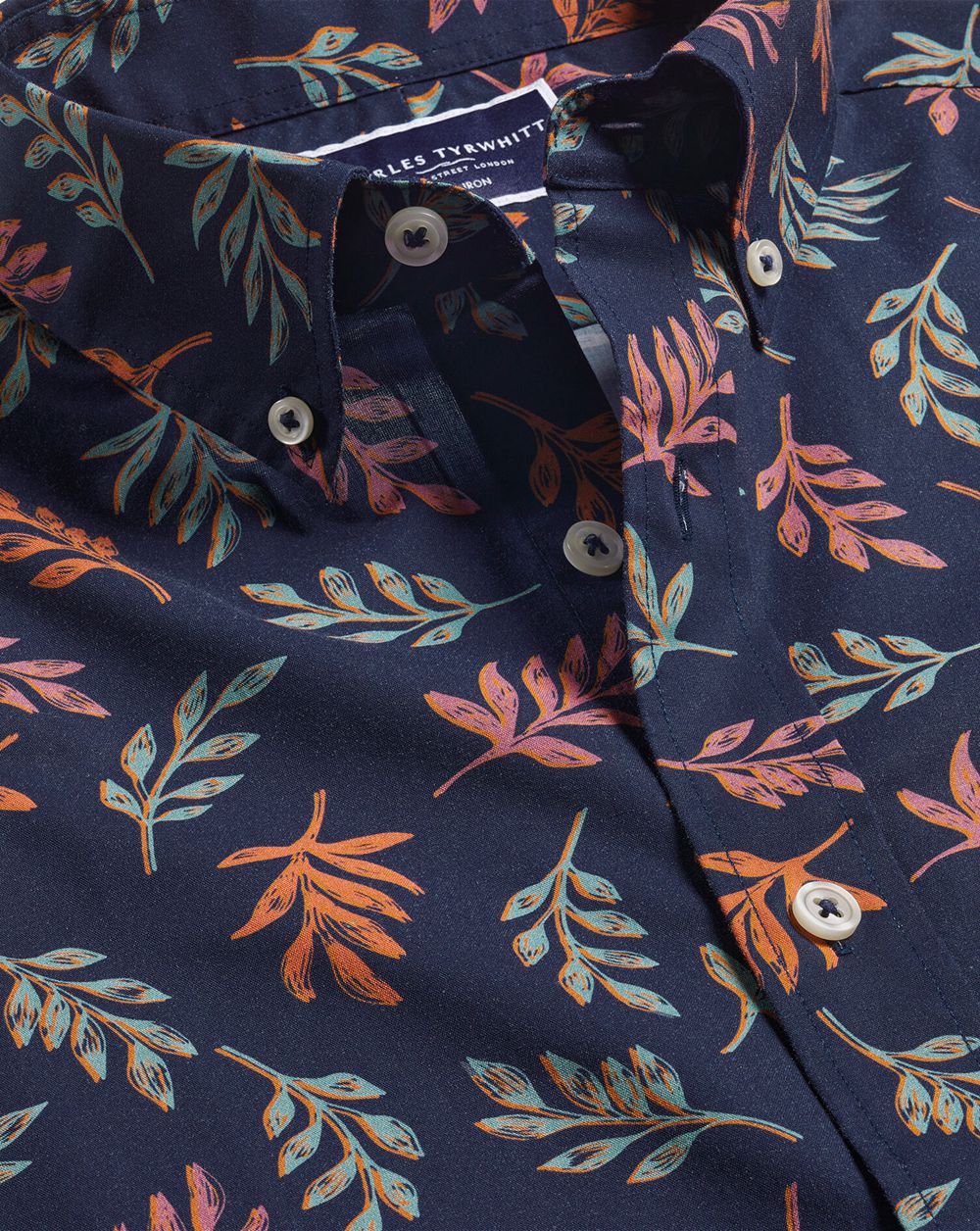 Navy Charles Tyrwhitt Non-Iron Leaf Print Short Sleeve Shirt | KFSBVP-459