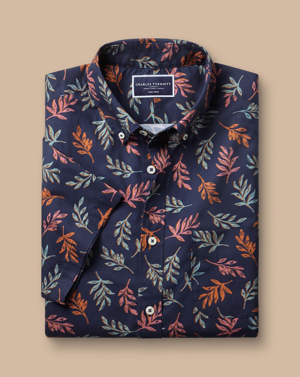 Navy Charles Tyrwhitt Non-Iron Leaf Print Short Sleeve Shirt | KFSBVP-459