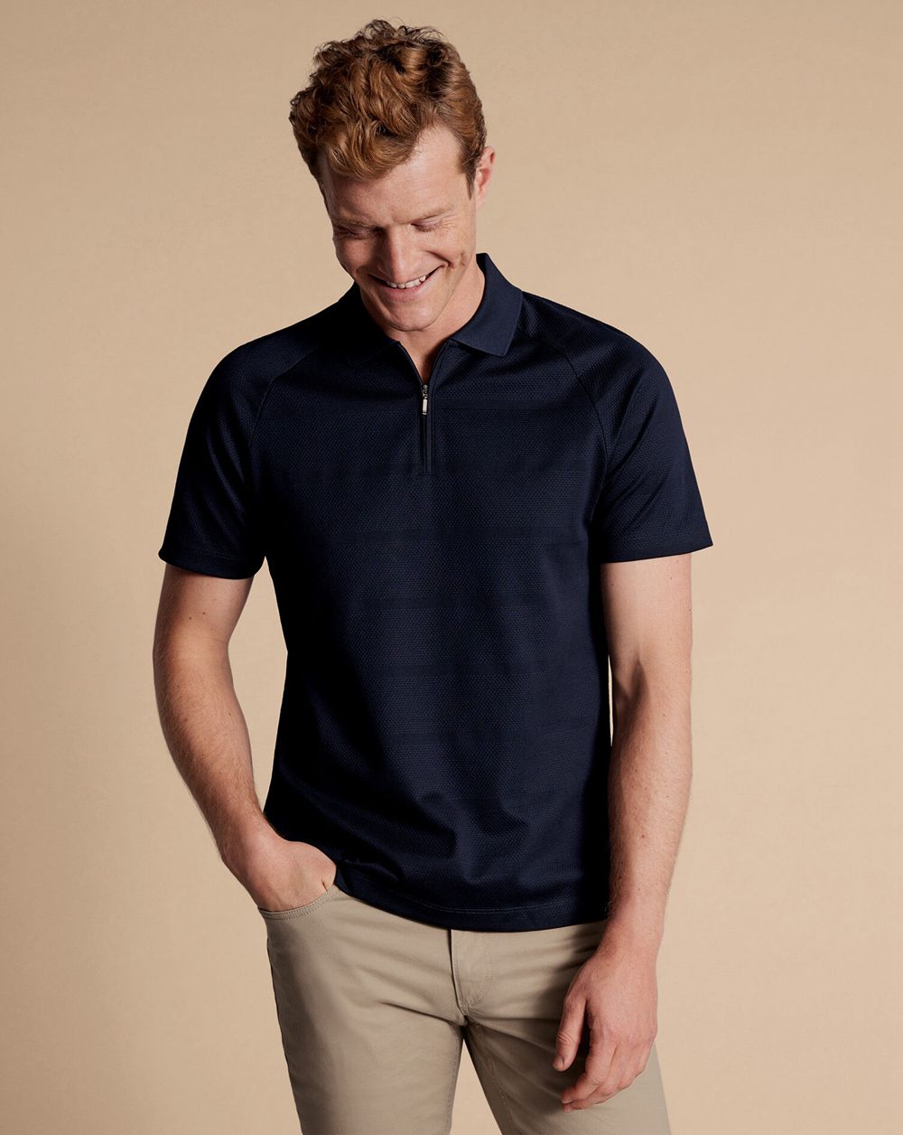 Navy Charles Tyrwhitt Popcorn Textured Tyrwhitt Cool Quarter Zip Polo | UBYHCV-105