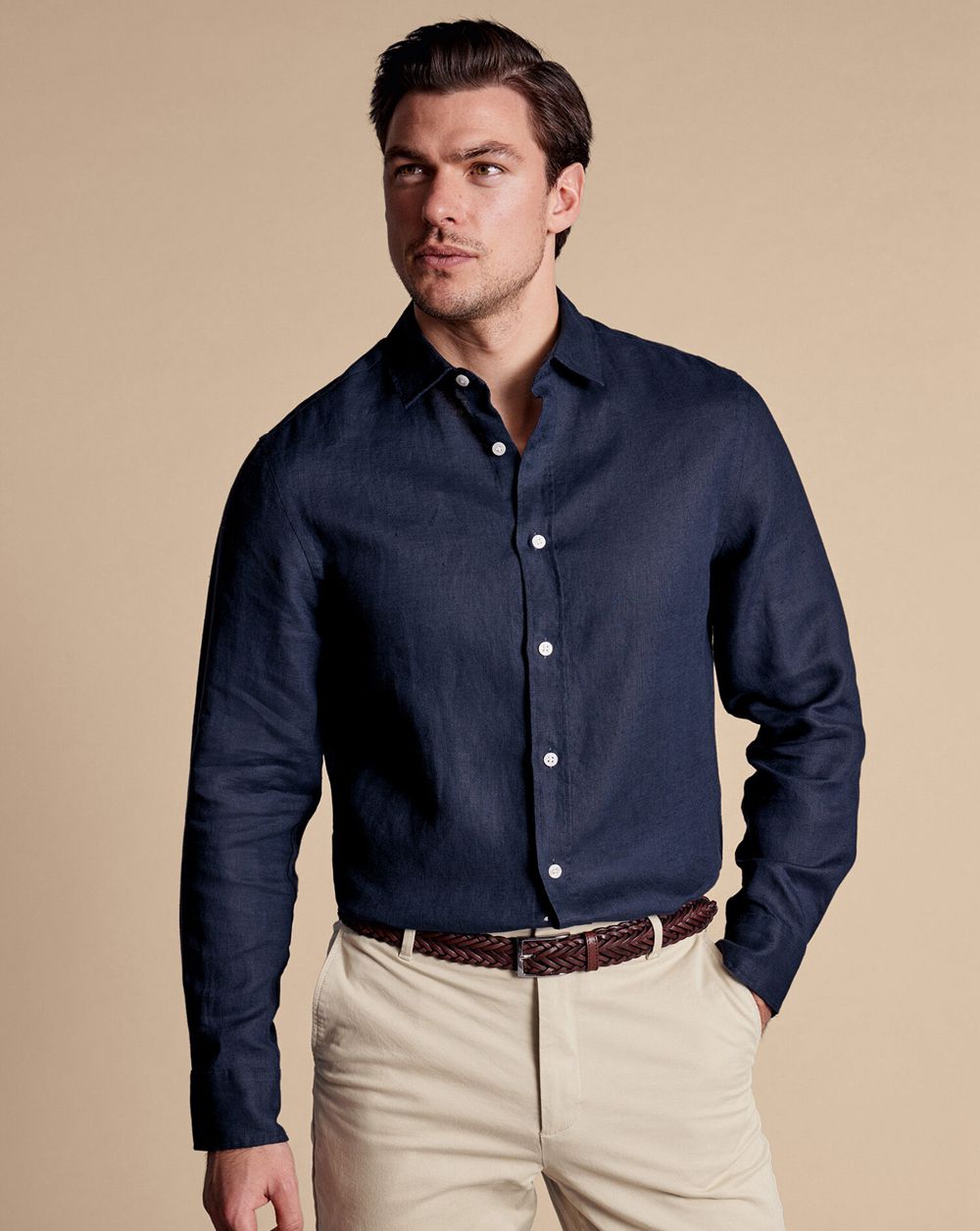 Navy Charles Tyrwhitt Pure Linen Shirt | NWPFKL-548