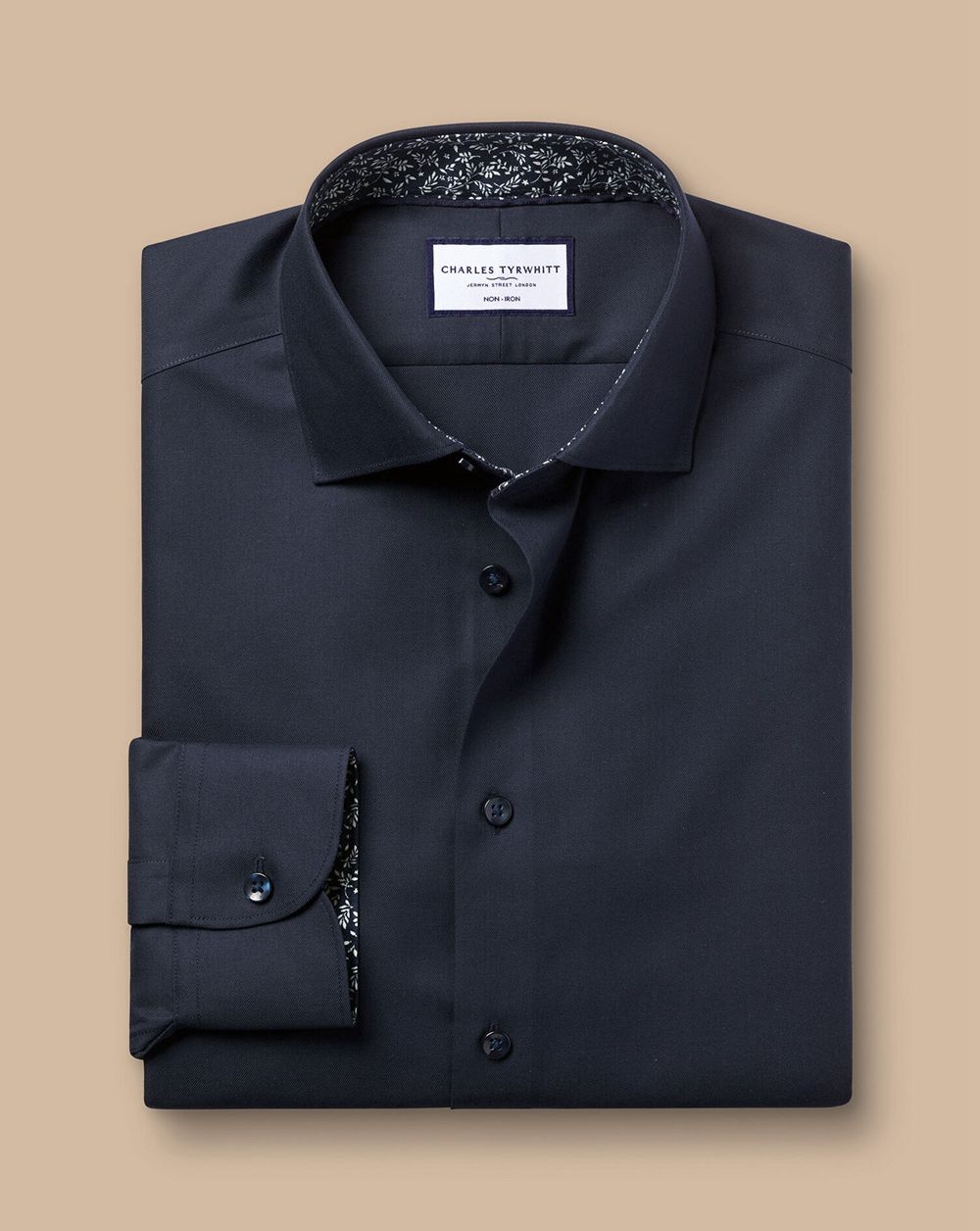 Navy Charles Tyrwhitt Semi-Spread Collar Twill Shirt With Printed Trim | OAEZKN-310