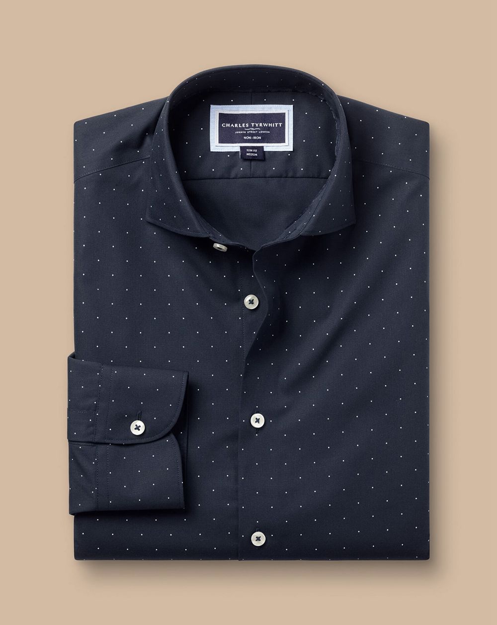 Navy Charles Tyrwhitt Semi-Spread Collar Non-Iron Stretch Spot Print Shirt | UKADJB-594