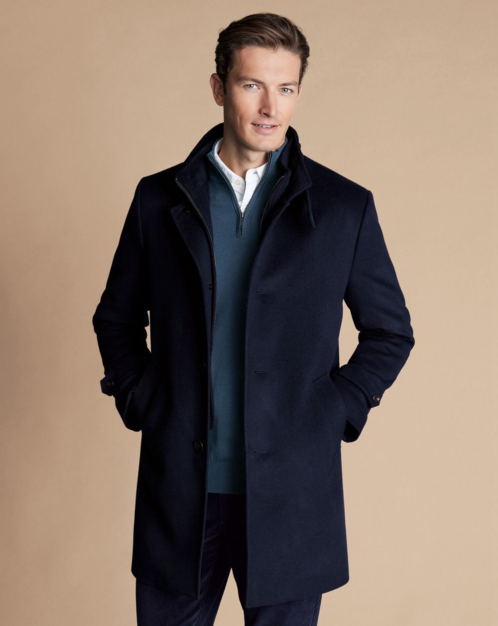 Navy Charles Tyrwhitt Wool Funnel Neck Overcoat | LYXAHD-786