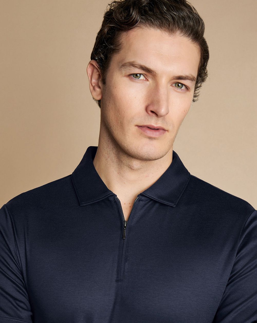 Navy Charles Tyrwhitt Zip-Neck Jersey Polo | KGYFVO-165