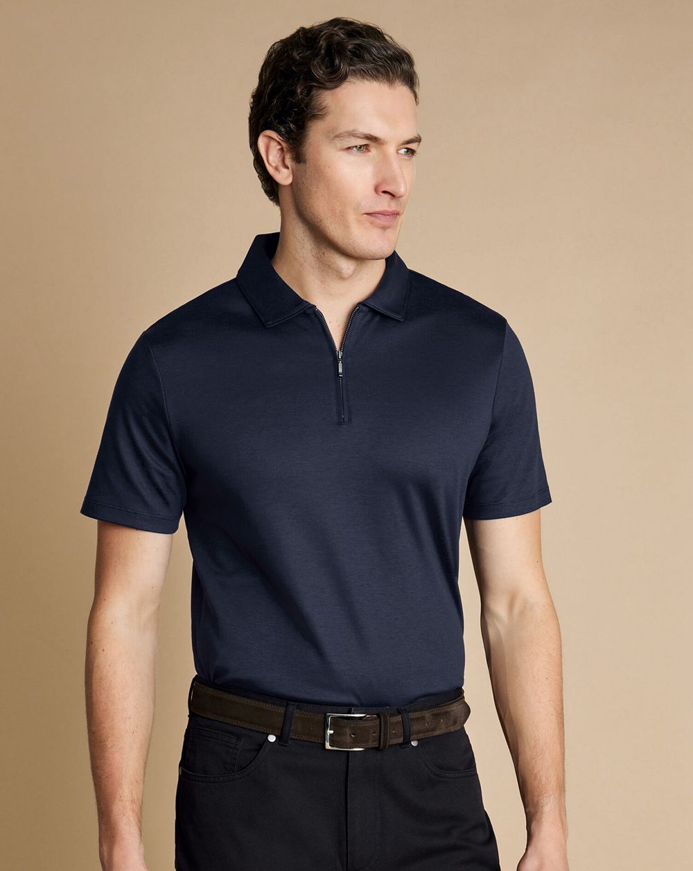 Navy Charles Tyrwhitt Zip-Neck Jersey Polo | KGYFVO-165