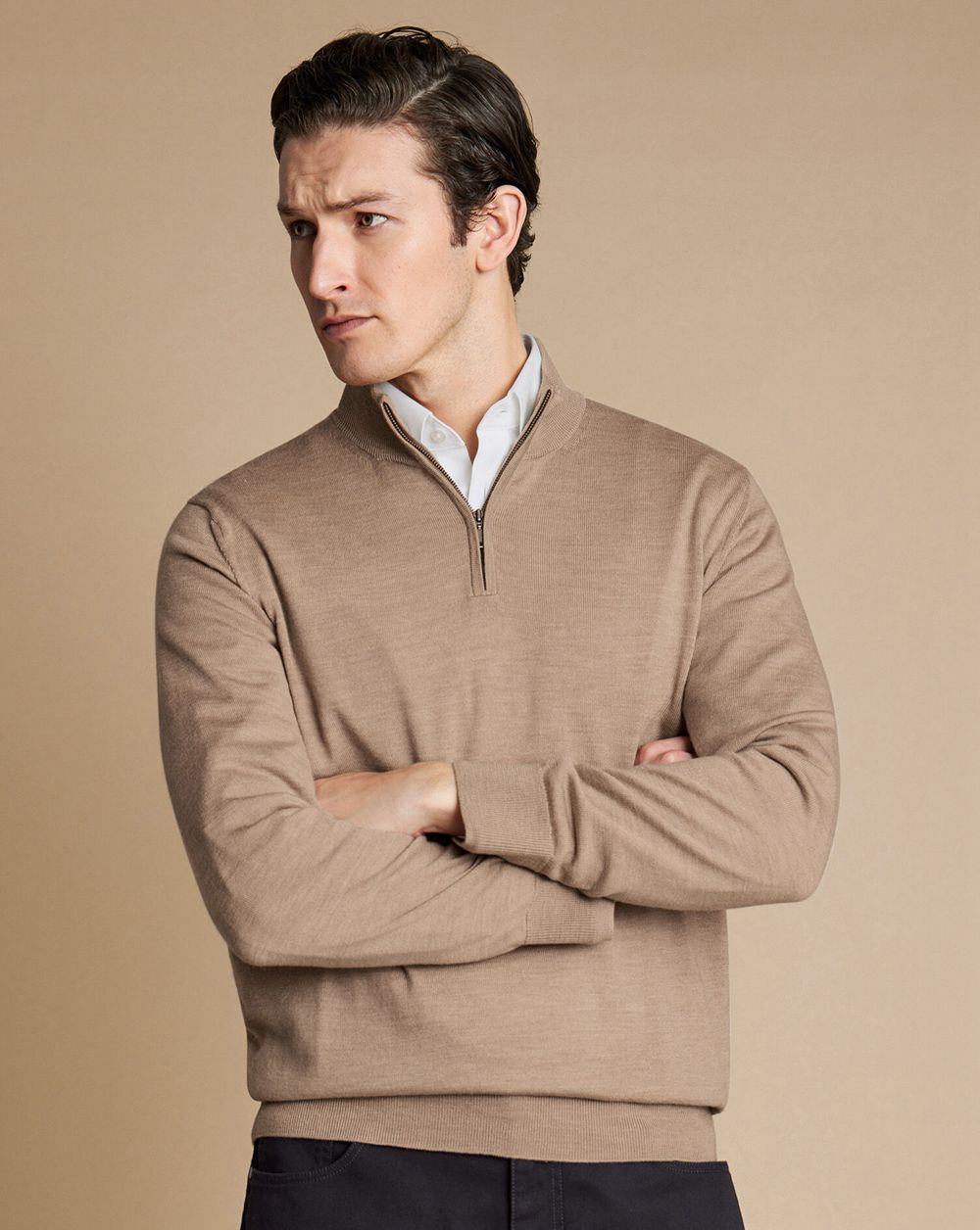 Oatmeal Charles Tyrwhitt Merino Quarter Zip Sweater | CJTPDN-372