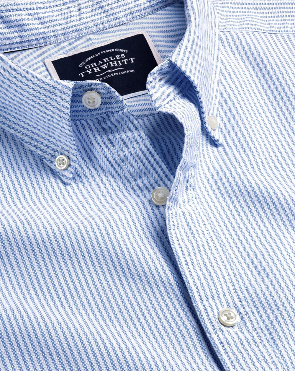 Ocean Blue Charles Tyrwhitt Button-Down Collar Stretch Washed Oxford Stripe Shirt | PRBKUY-079