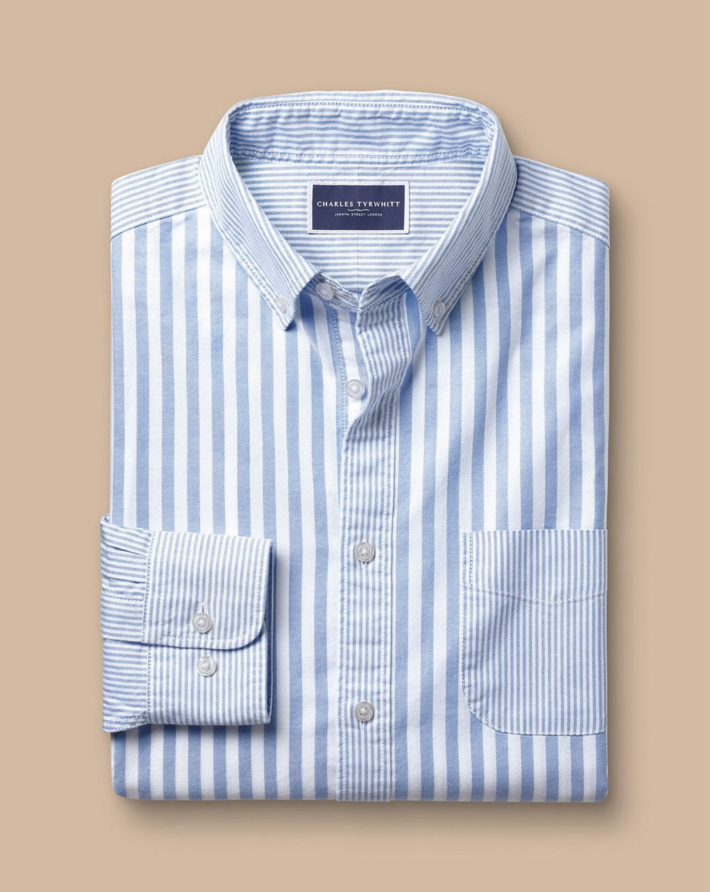 Ocean Blue Charles Tyrwhitt Button-Down Collar Stretch Washed Oxford Stripe Patchwork Shirt | IRGAPV-810