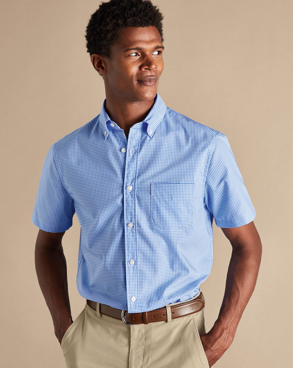 Ocean Blue Charles Tyrwhitt Button-Down Collar Non-Iron Stretch Short Sleeve Shirt | QBODEH-540