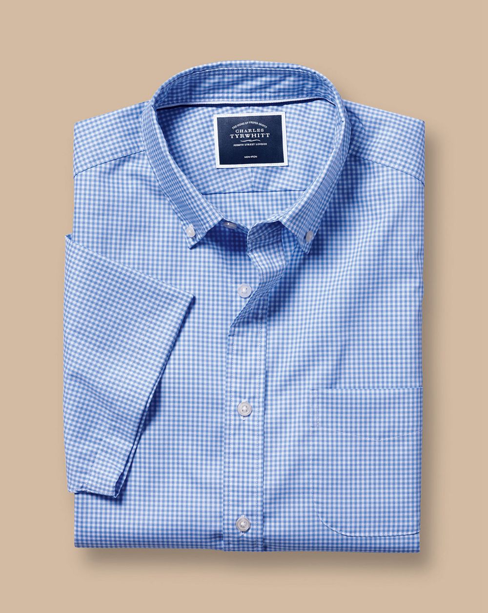 Ocean Blue Charles Tyrwhitt Button-Down Collar Non-Iron Stretch Short Sleeve Shirt | QBODEH-540