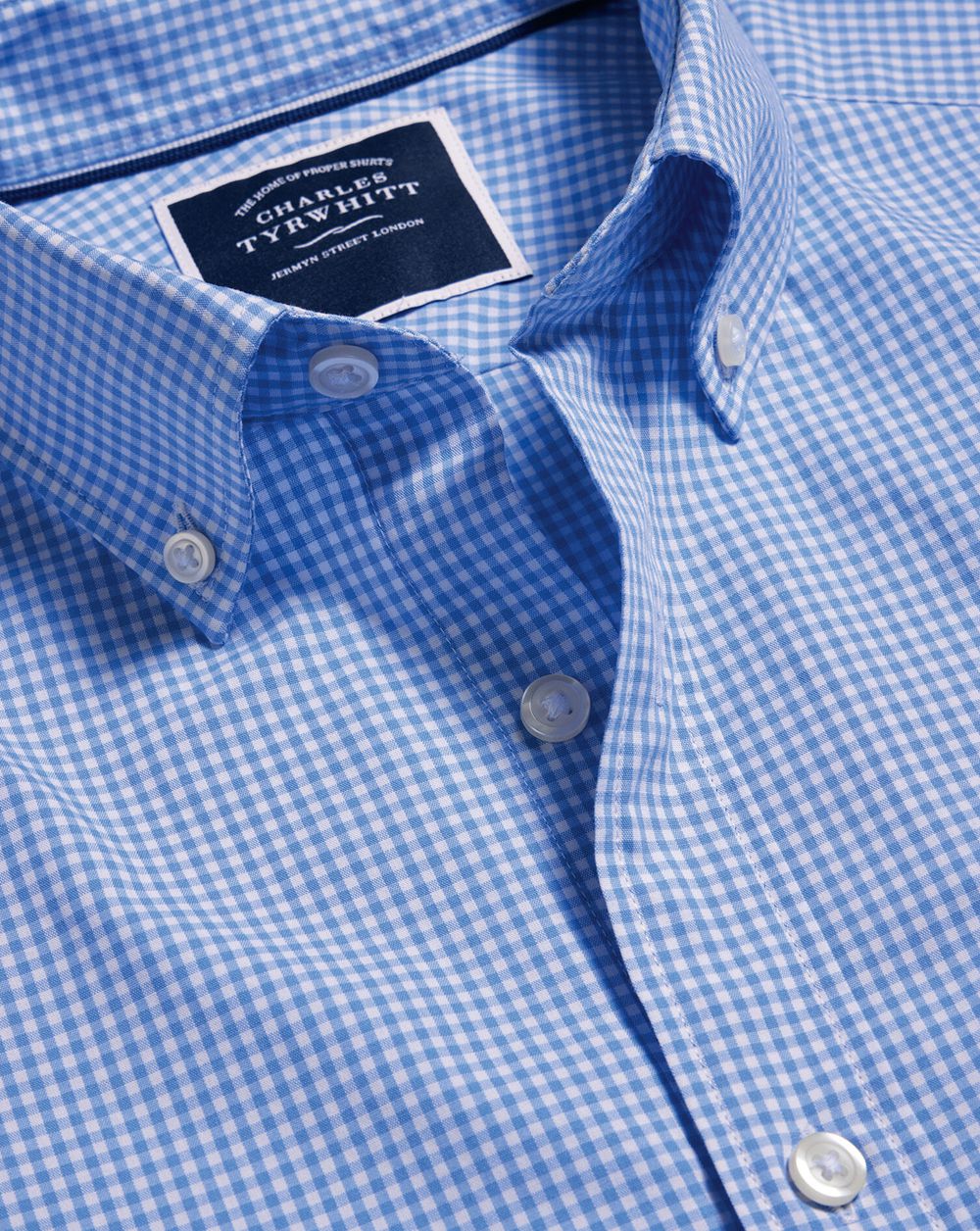 Ocean Blue Charles Tyrwhitt Button-Down Collar Non-Iron Stretch Poplin Mini Gingham Check Shirt | TVHFDY-160