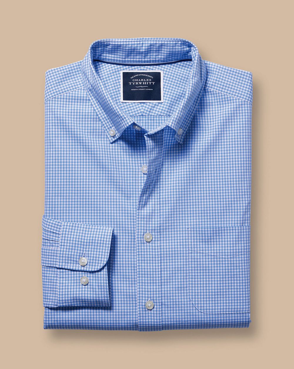 Ocean Blue Charles Tyrwhitt Button-Down Collar Non-Iron Stretch Poplin Mini Gingham Check Shirt | TVHFDY-160