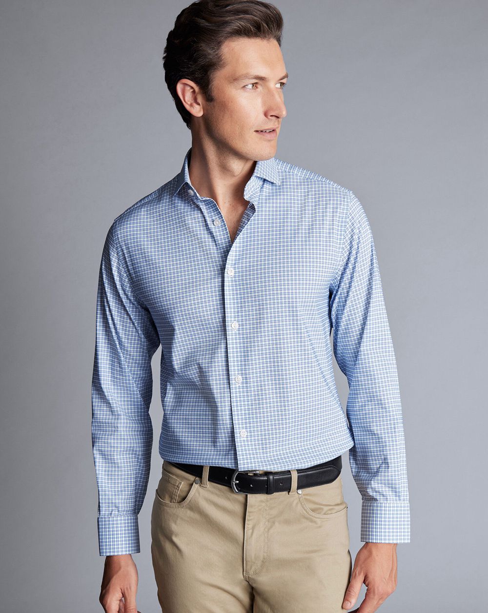 Ocean Blue Charles Tyrwhitt Non-Iron Stretch Twill Grid Check Shirt | GNVLTX-920