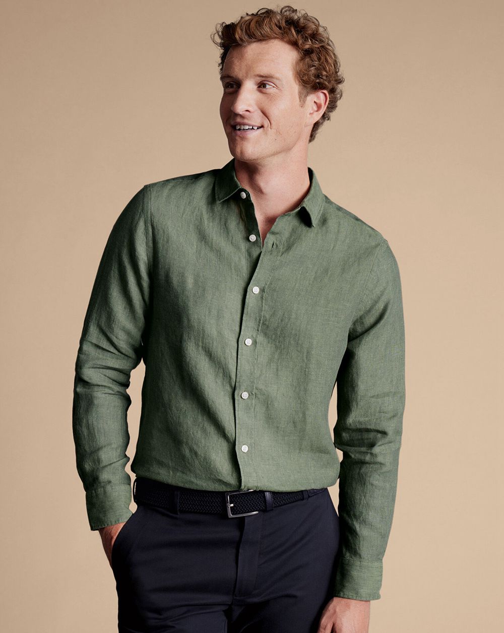 Olive Green Charles Tyrwhitt Pure Linen Shirt | AKBGQH-956