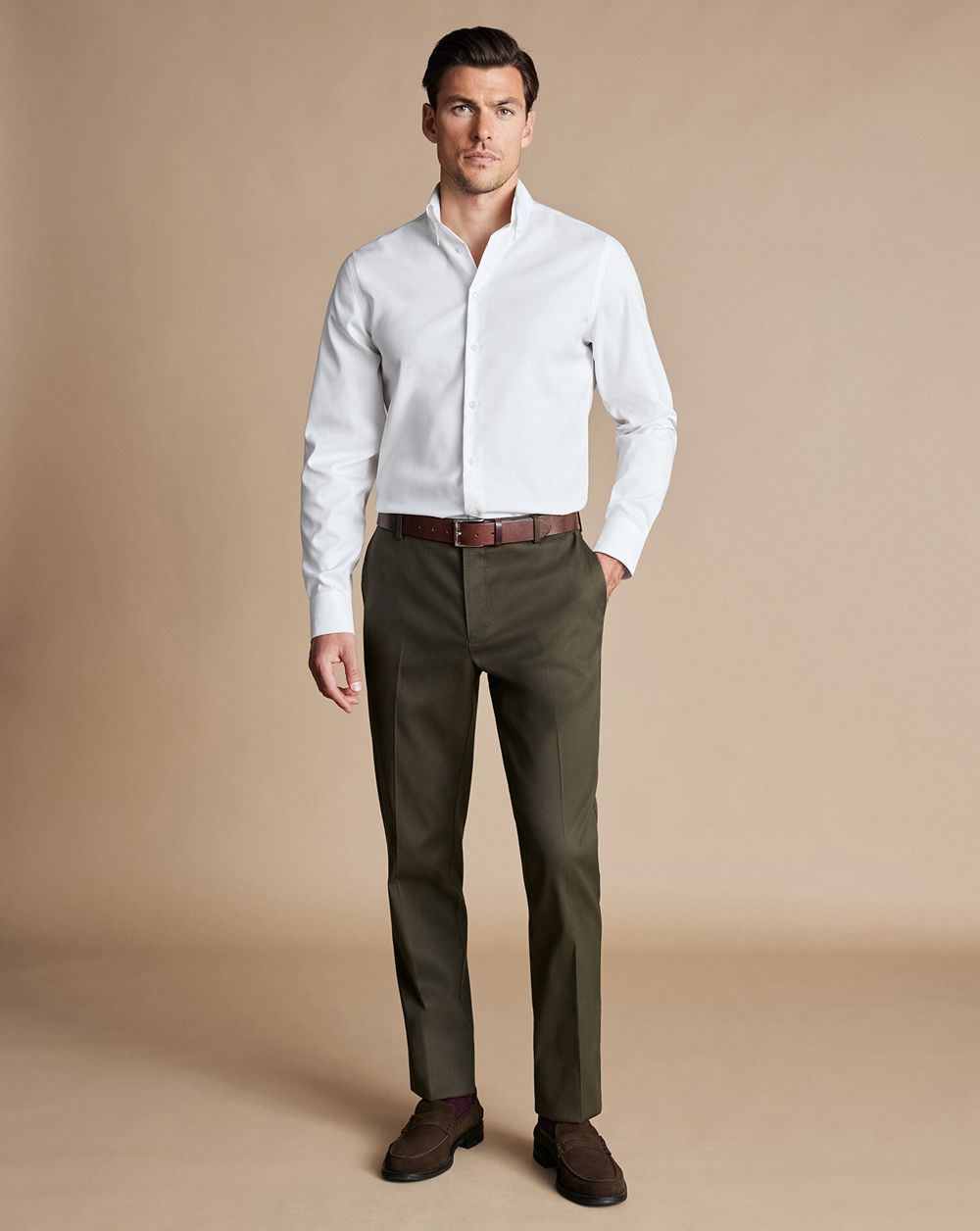 Olive Green Charles Tyrwhitt Smart Stretch Texture Pants | ROAJIV-692