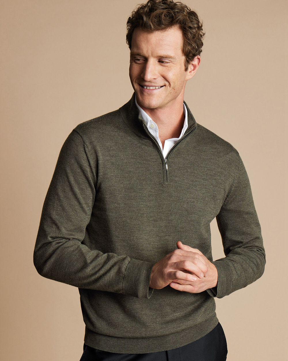 Olive Green Melange Charles Tyrwhitt Merino Quarter Zip Sweater | MWFSLR-841