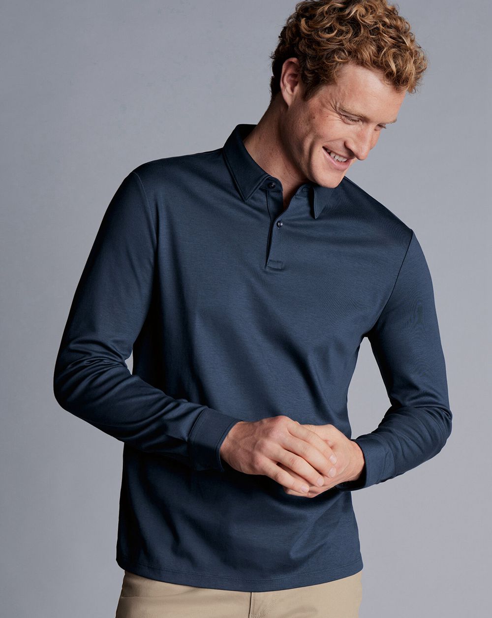 Petrol Blue Charles Tyrwhitt Smart Long Sleeve Jersey Polo | WGZNSX-891