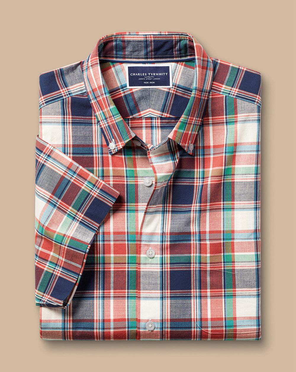 Red Charles Tyrwhitt Non-Iron Stretch Poplin Short Sleeve Shirt | AHZLFO-695