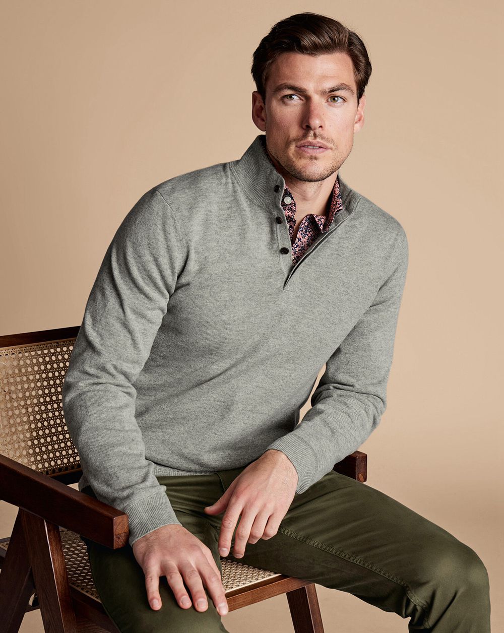 Sage Green Charles Tyrwhitt Merino Cashmere Button Neck Sweater | JBDXGS-853