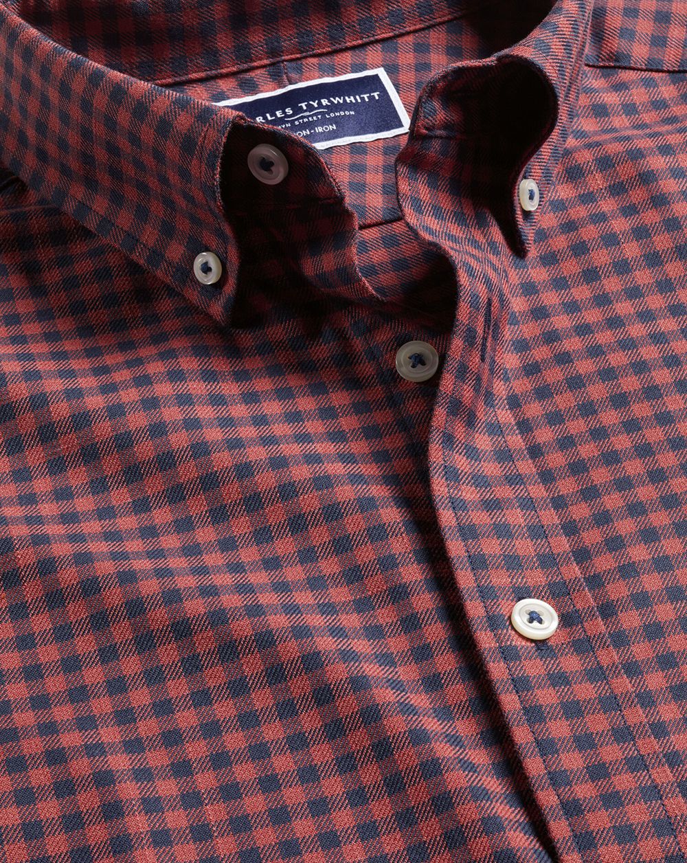 Salmon Pink Charles Tyrwhitt Button-Down Collar Non-Iron Twill Gingham Shirt | QOEDBG-234