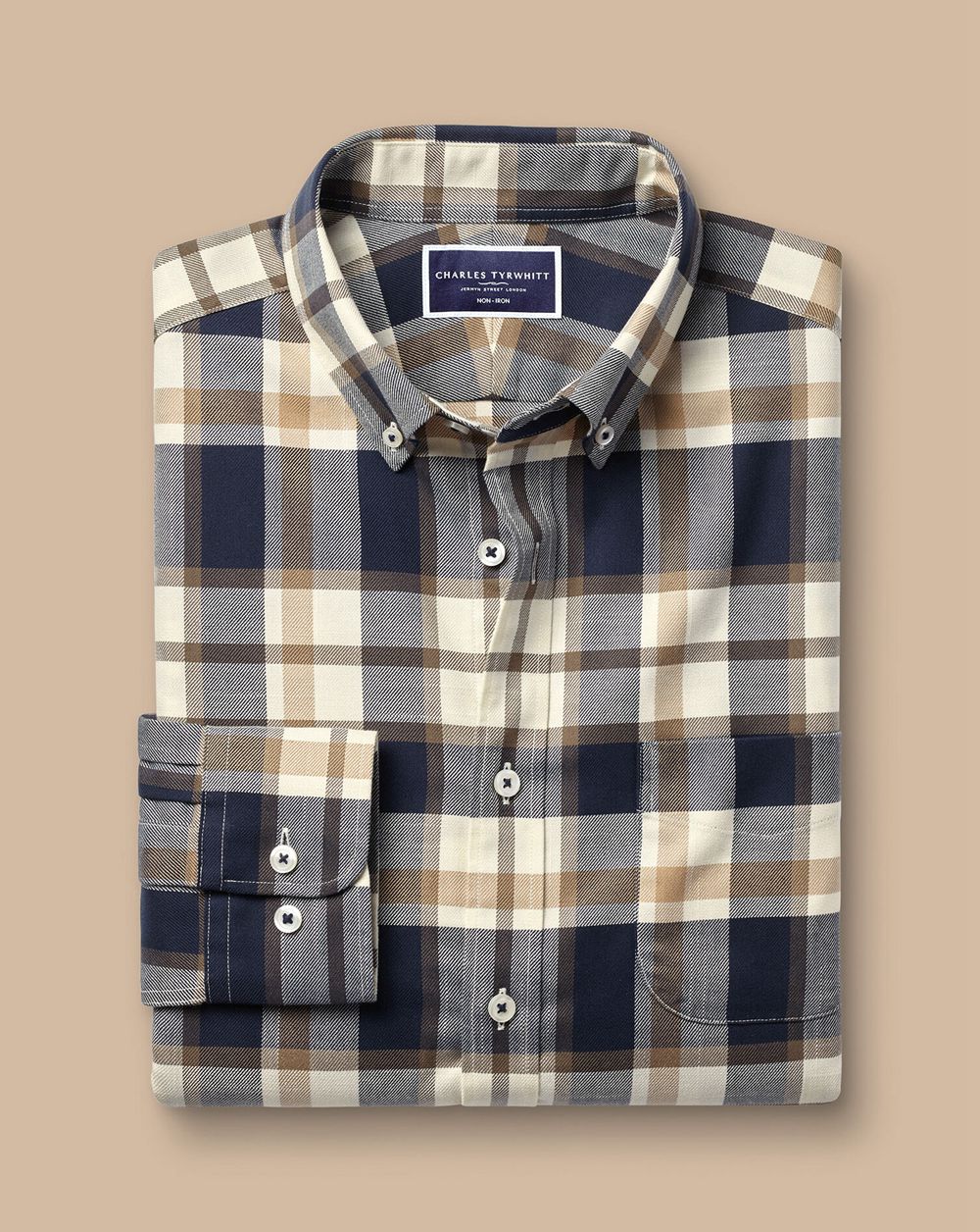 Sand Charles Tyrwhitt Button-Down Collar Non-Iron Twill Large Check Shirt | PFOWMU-927