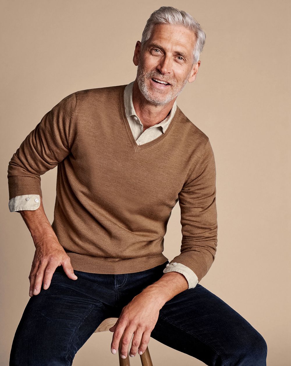 Sand Charles Tyrwhitt Merino V-Neck Sweater | CNSDXQ-971