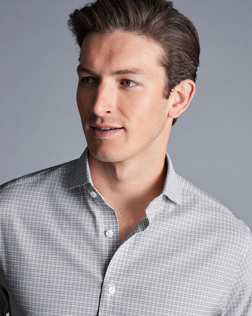 Silver Grey Charles Tyrwhitt Non-Iron Stretch Twill Grid Check Shirt | NPEXIF-674