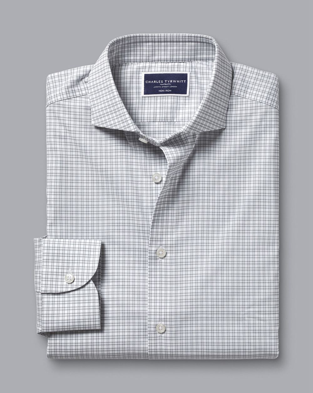 Silver Grey Charles Tyrwhitt Non-Iron Stretch Twill Grid Check Shirt | NPEXIF-674