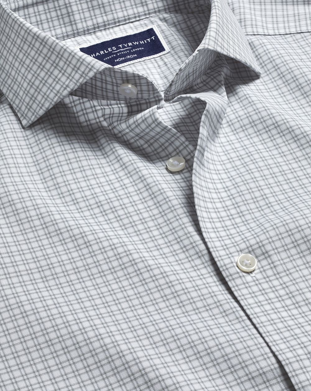 Silver Grey Charles Tyrwhitt Non-Iron Stretch Twill Grid Check Shirt | NPEXIF-674