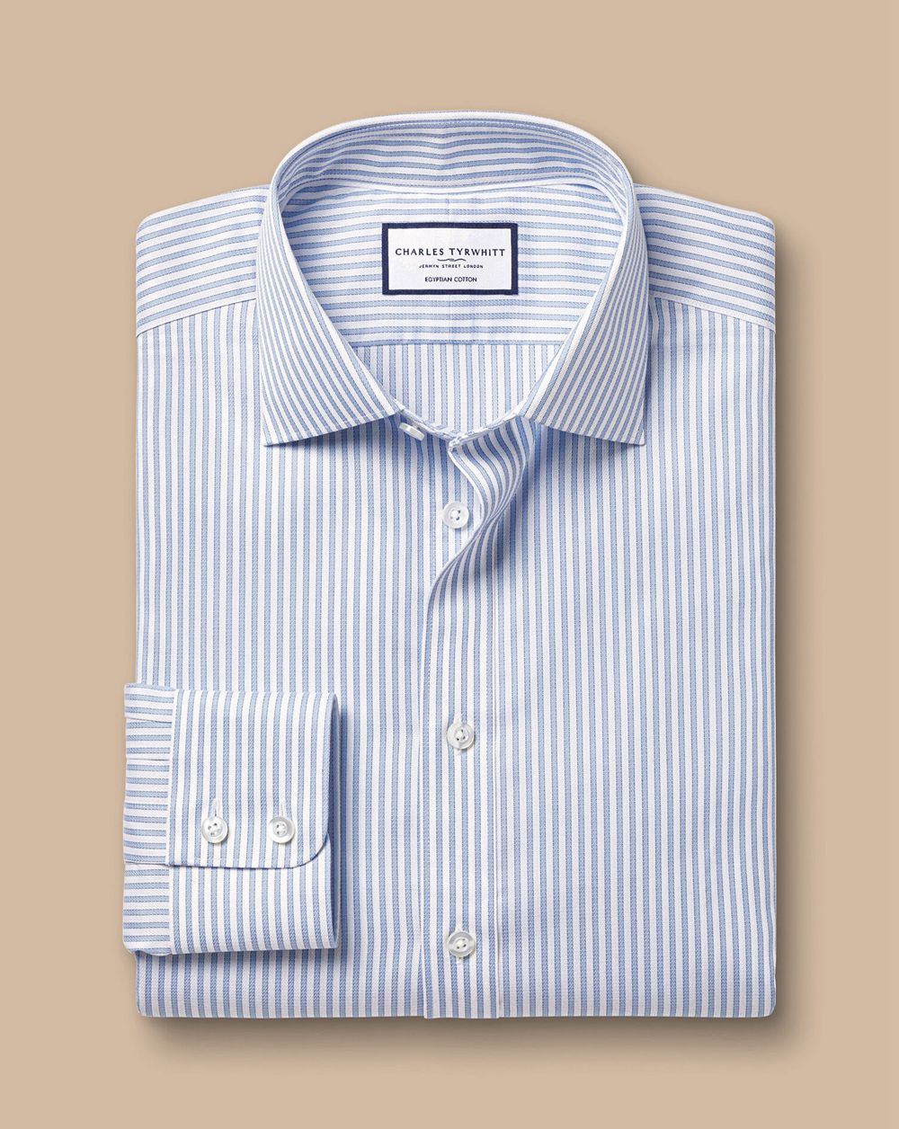 Sky Blue Charles Tyrwhitt Semi-Spread Collar Egyptian Cotton Stripe Shirt | JDLBUI-401