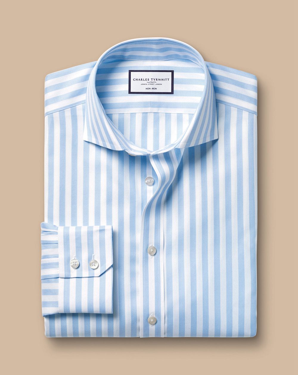 Sky Blue Charles Tyrwhitt Spread Collar Non-Iron Twill Wide Stripe Shirt | FRDWPM-469