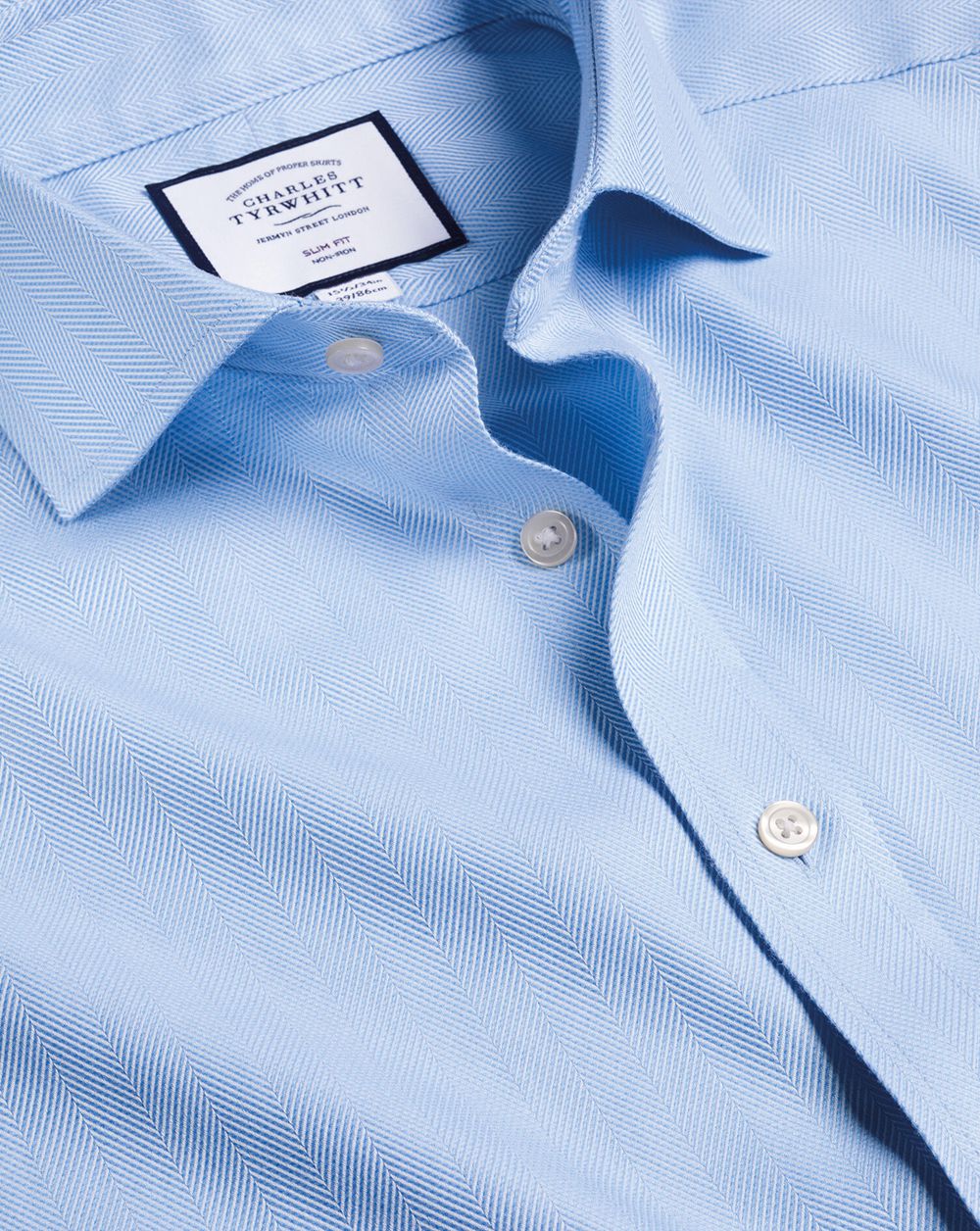 Sky Blue Charles Tyrwhitt Spread Collar Non-Iron Herringbone Shirt | QXEYUT-740