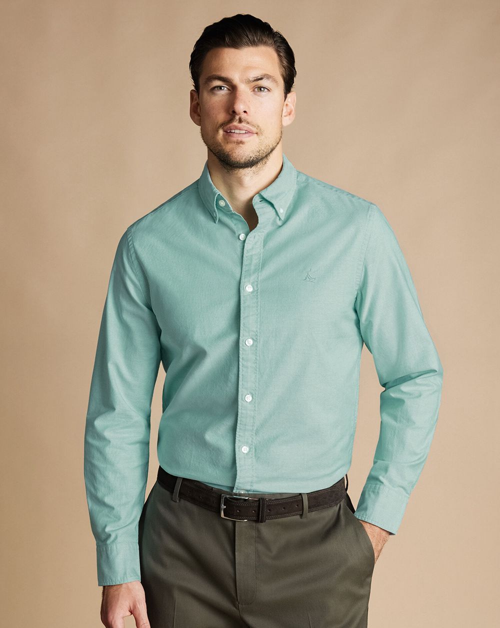 Spearmint Charles Tyrwhitt Button-Down Collar Stretch Washed Oxford Shirt | XNMJUD-349