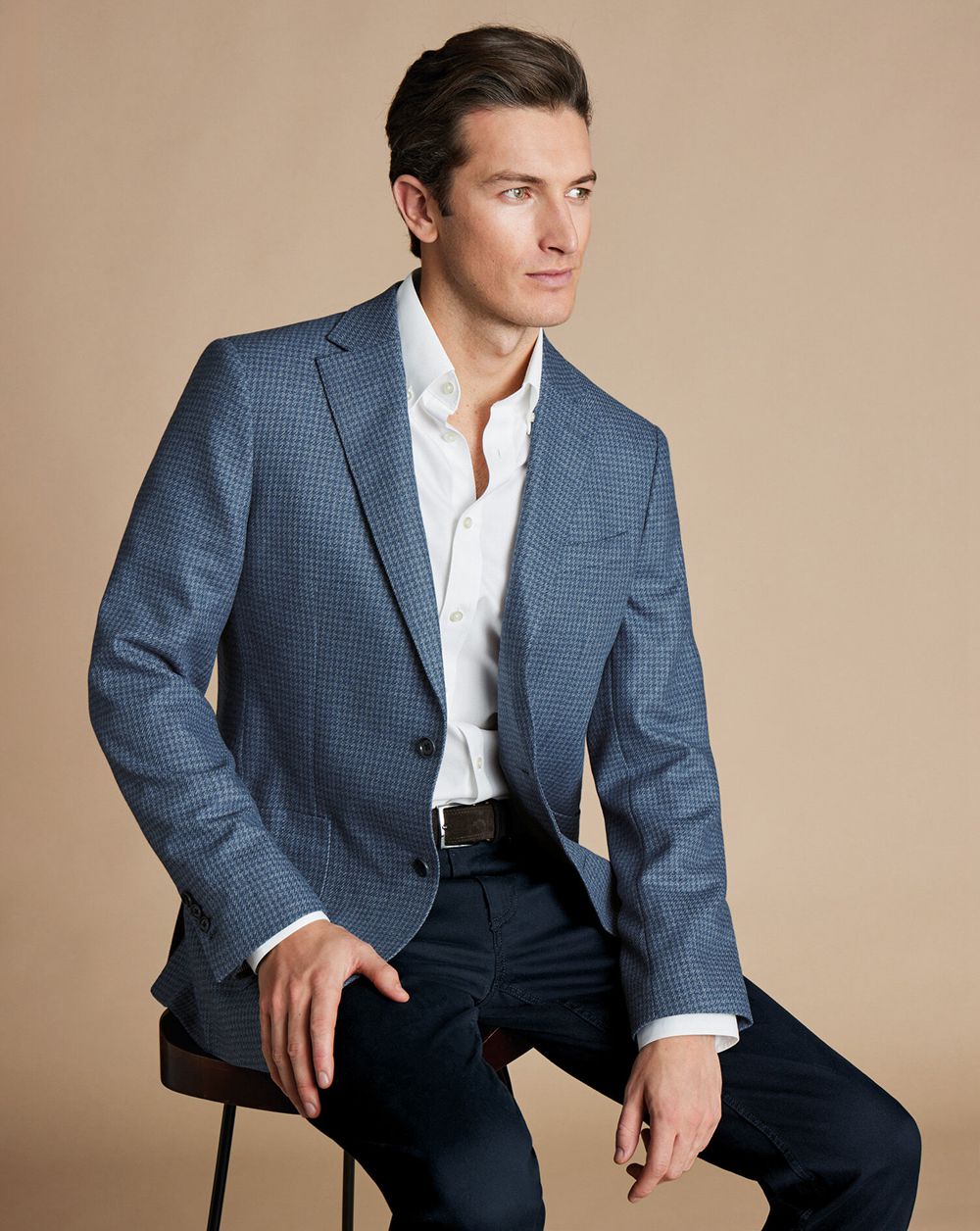 Steel Blue Charles Tyrwhitt Puppytooth Wool Silk Jacket | GYLFBI-104