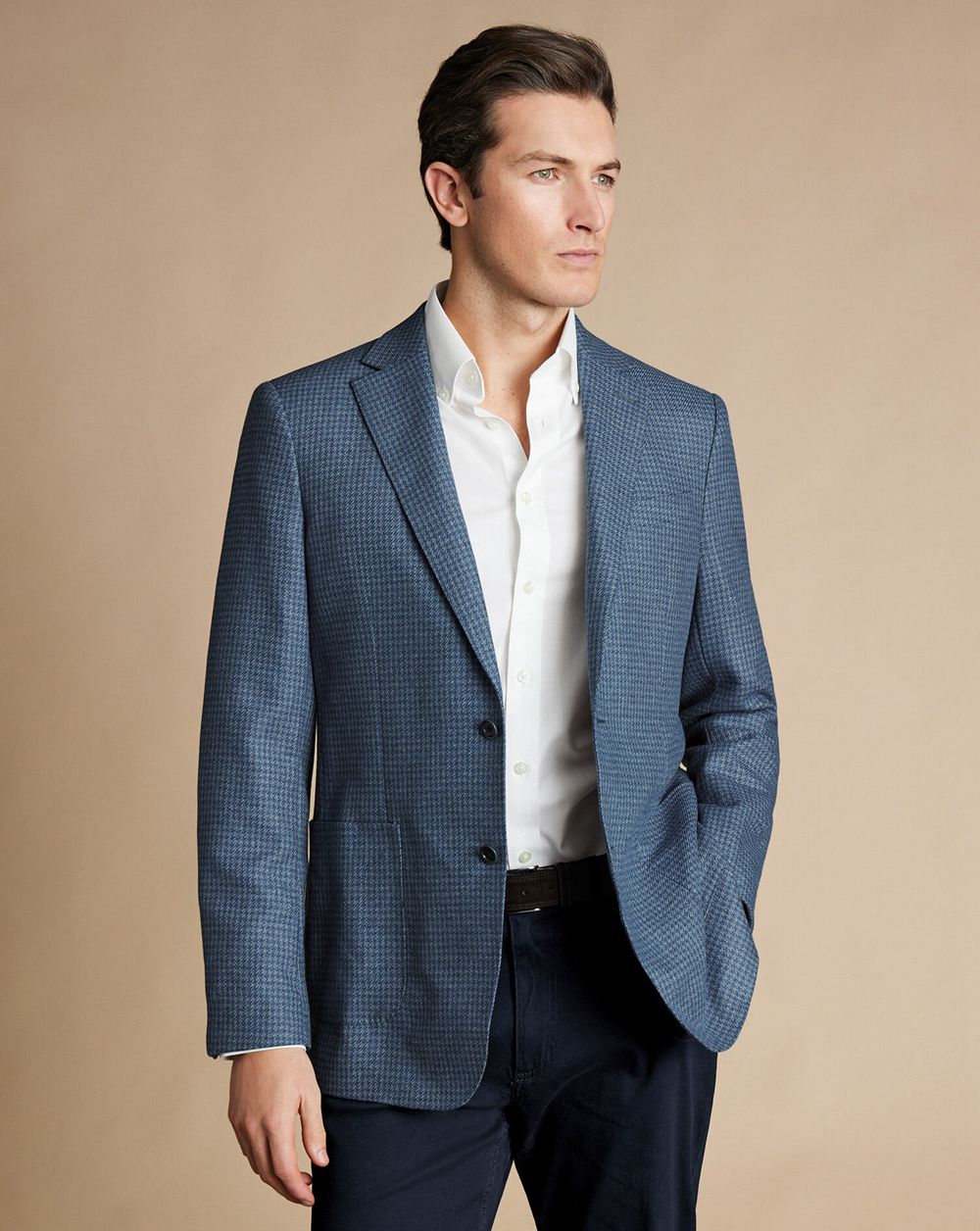 Steel Blue Charles Tyrwhitt Puppytooth Wool Silk Jacket | EXQUCM-563