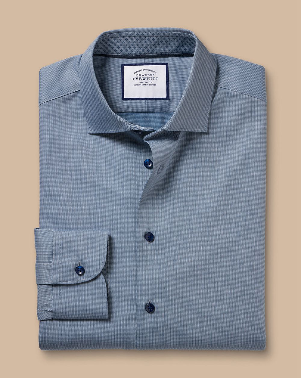 Steel Blue Charles Tyrwhitt Semi-Spread Collar Twill Shirt With Printed Trim | YRPCAD-815