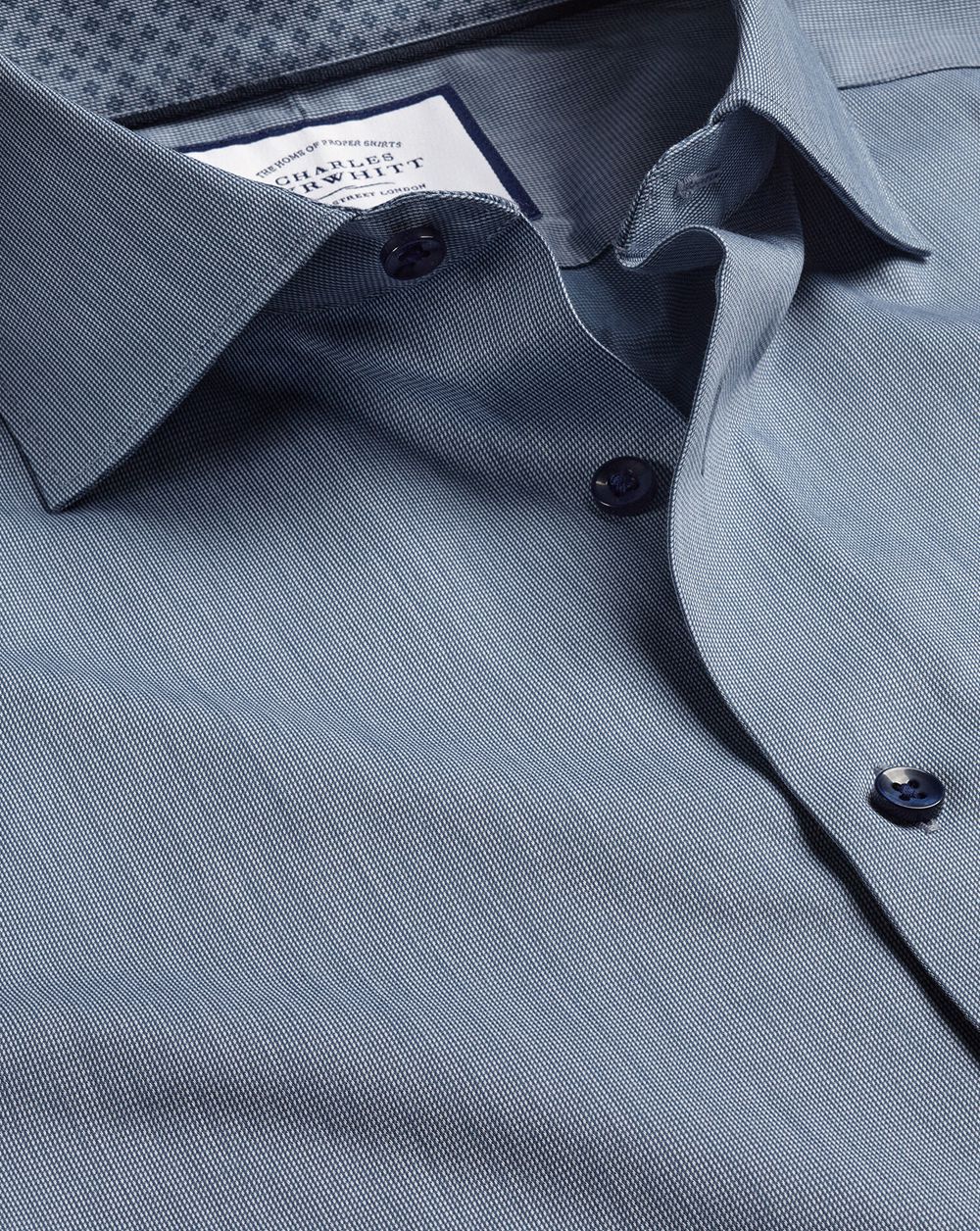 Steel Blue Charles Tyrwhitt Semi-Spread Collar Twill Shirt With Printed Trim | YRPCAD-815