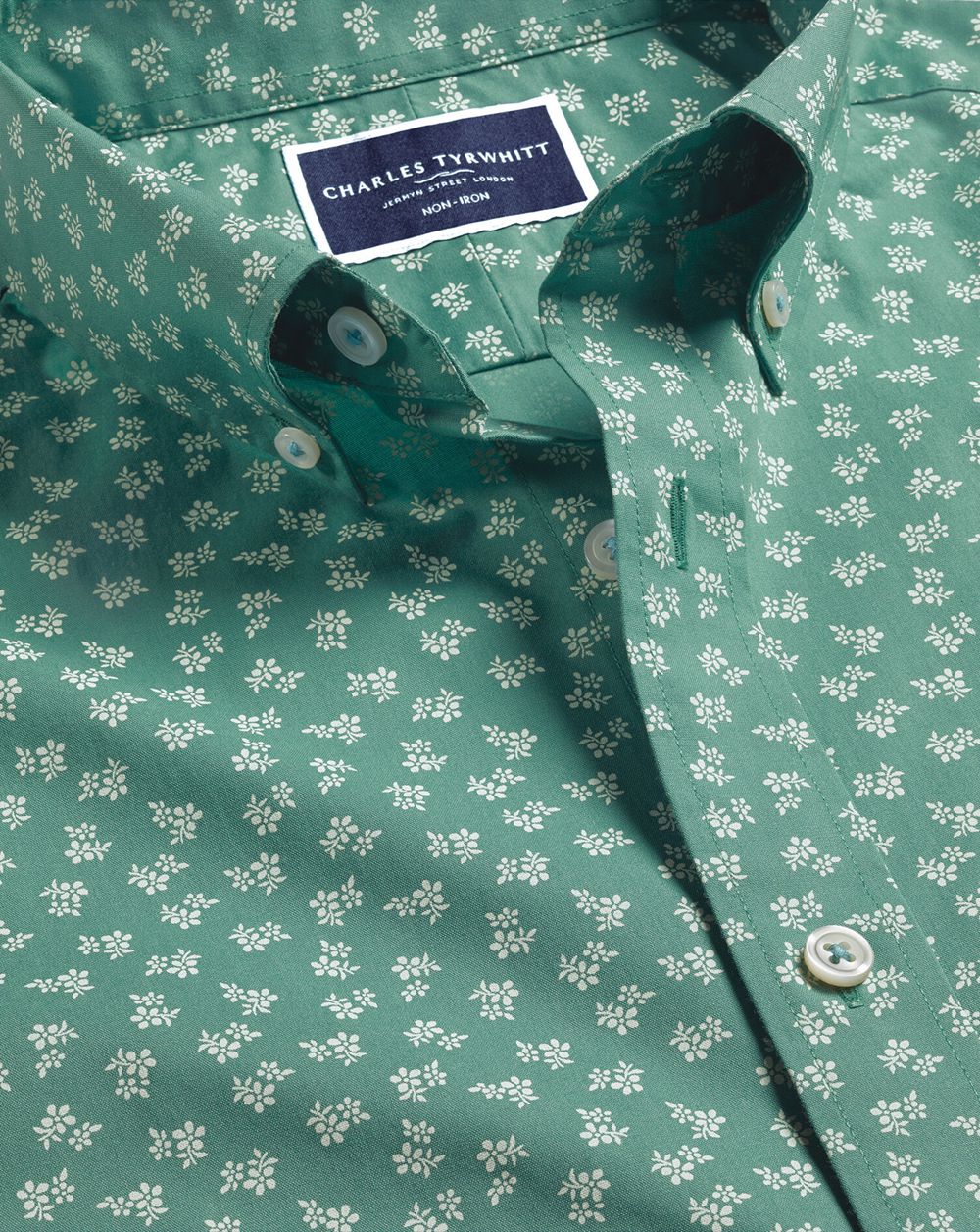 Teal Green Charles Tyrwhitt Non-Iron Floral Print Short Sleeve Shirt | EFGNDH-237